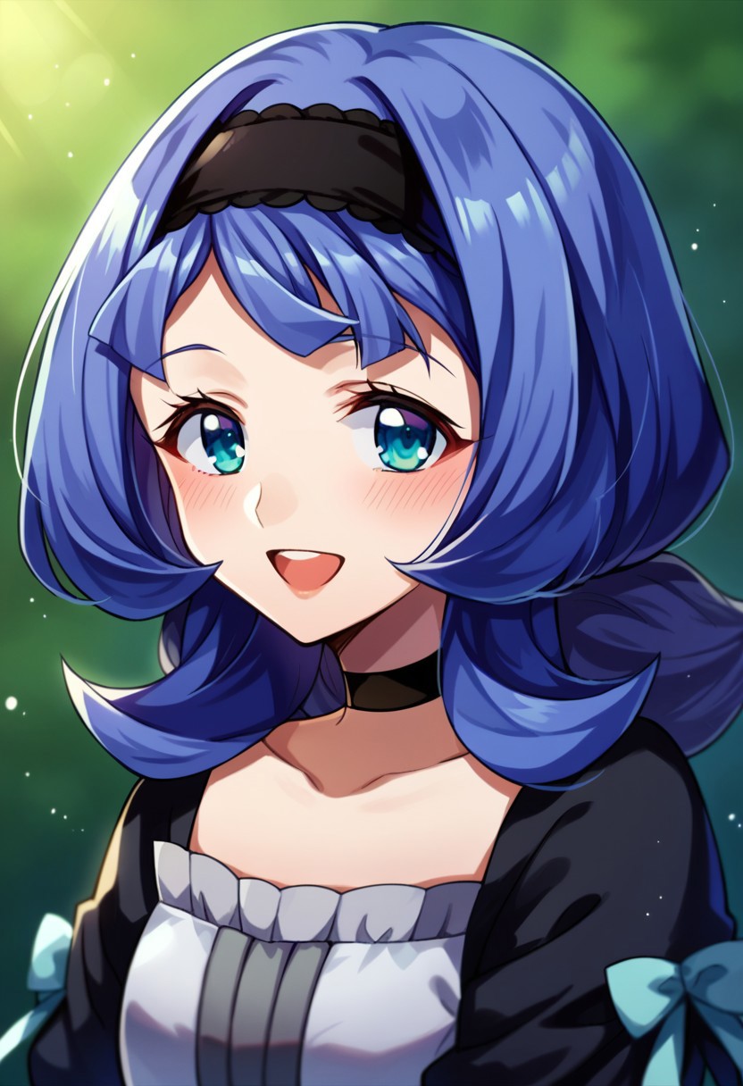 Score_9, score_8, score_7, source_anime, almiriabauduin, 1girl, solo, hairband, dress, smile, choker, looking at viewer, blush, open mouth, upper body