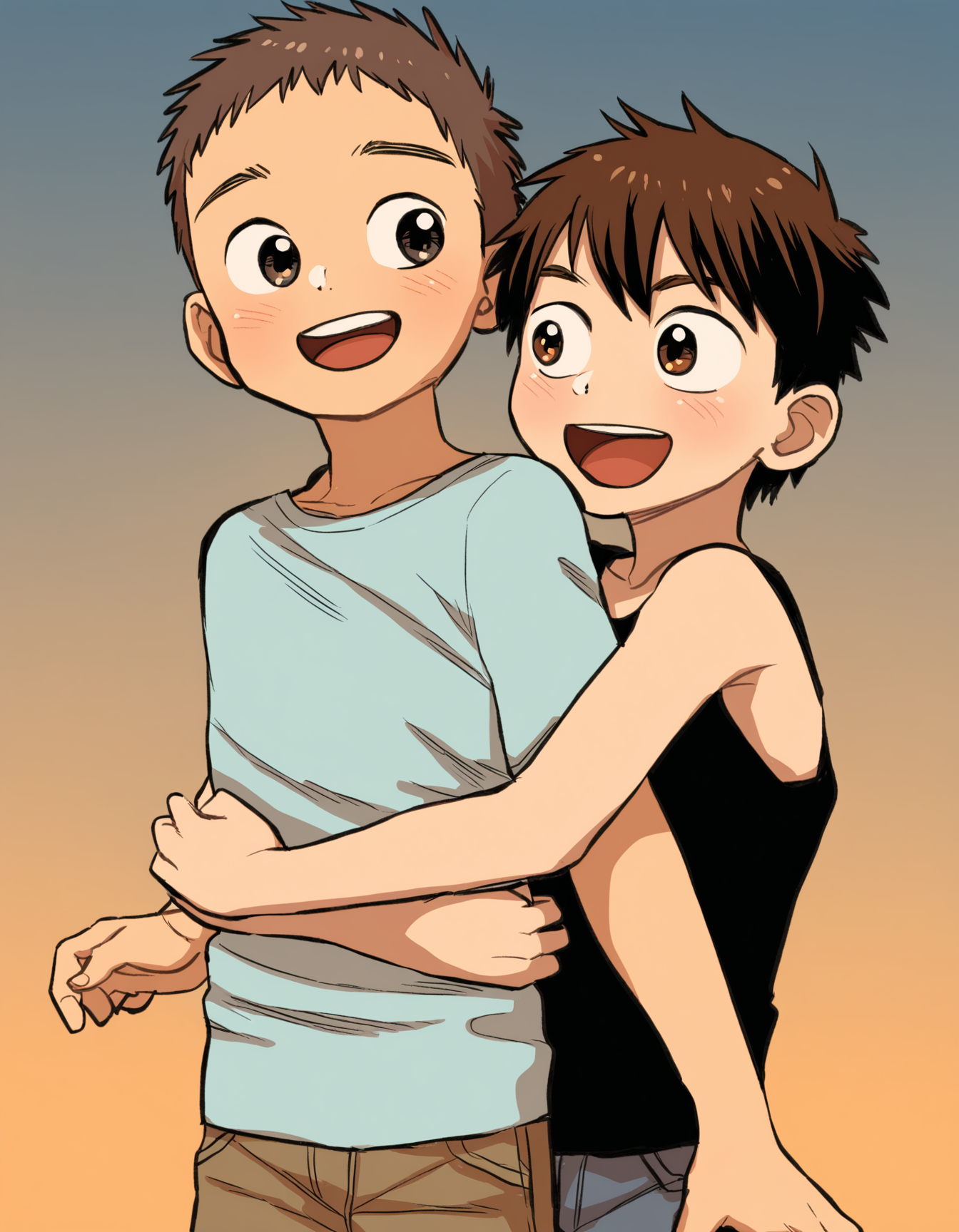 masterpiece, eeroku-style, gradient background, 2boys, brown hair, brown eyes, t-shirt, tank top, hug, open mouth, smile <lora:a6_naiXL_v1Nb-ShoAI:1>