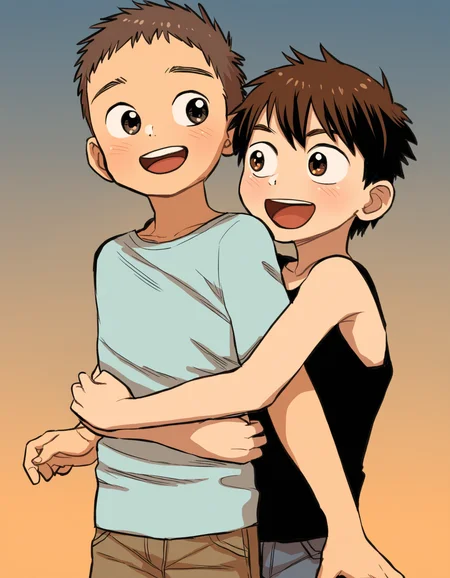 masterpiece, eeroku-style, gradient background, 2boys, brown hair, brown eyes, t-shirt, tank top, hug, open mouth, smile <lora:a6_naiXL_v1Nb-ShoAI:1>