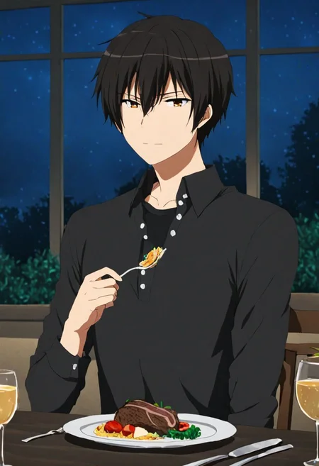 high resolution, solo, best quality, 1Boy, Kanie Seiya, Black Hair, dating, romantic, dinner, OverallDetail
