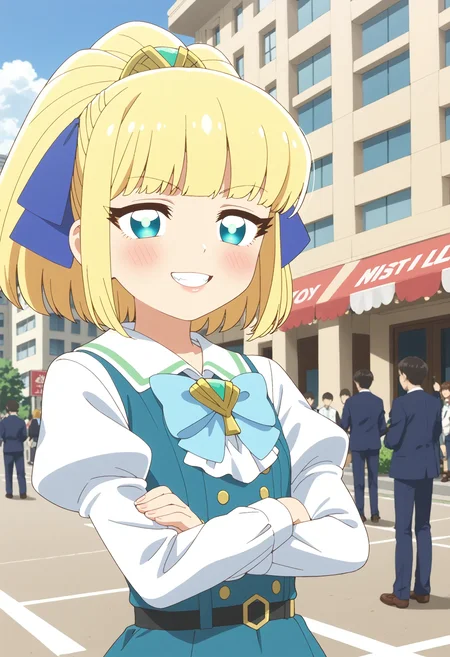 <lora:Hyper-SDXL-8steps-lora:1> <lora:Fixhands_anime_bdsqlsz_V1:1> zPDXL2, score_9, score_8_up, score_7_up, masterpiece, best quality, absurdres, high resolution, 8k, official art, official style, source_anime, uncensored, anime screencap, anime coloring, megami magazine, (ai-generated:0.6),
1girl, okanega_arisu, blonde hair, ponytail, hair ribbon, hair ornament, aqua eyes, aqua dress, white sleeves, bowtie, thighhighs, brown shoes,
crossed arms, upper body, looking at viewer, Naughty, A mischievous grin, a wink, and a playful attitude., outdoors, city, audience, crowd, solo, solo focus,
<lora:PKS-okanega_arisu_XL(pony)v10:1>