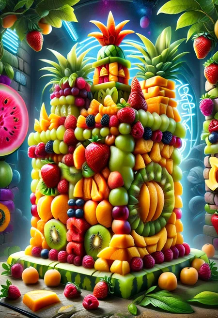 a legendary fruit castle in a fruit kingdom made of made of ral-fruitsalad, intricate details, masterpiece, best quality, colorful ,background of a London style brick wall, graffiti, neon lights,
