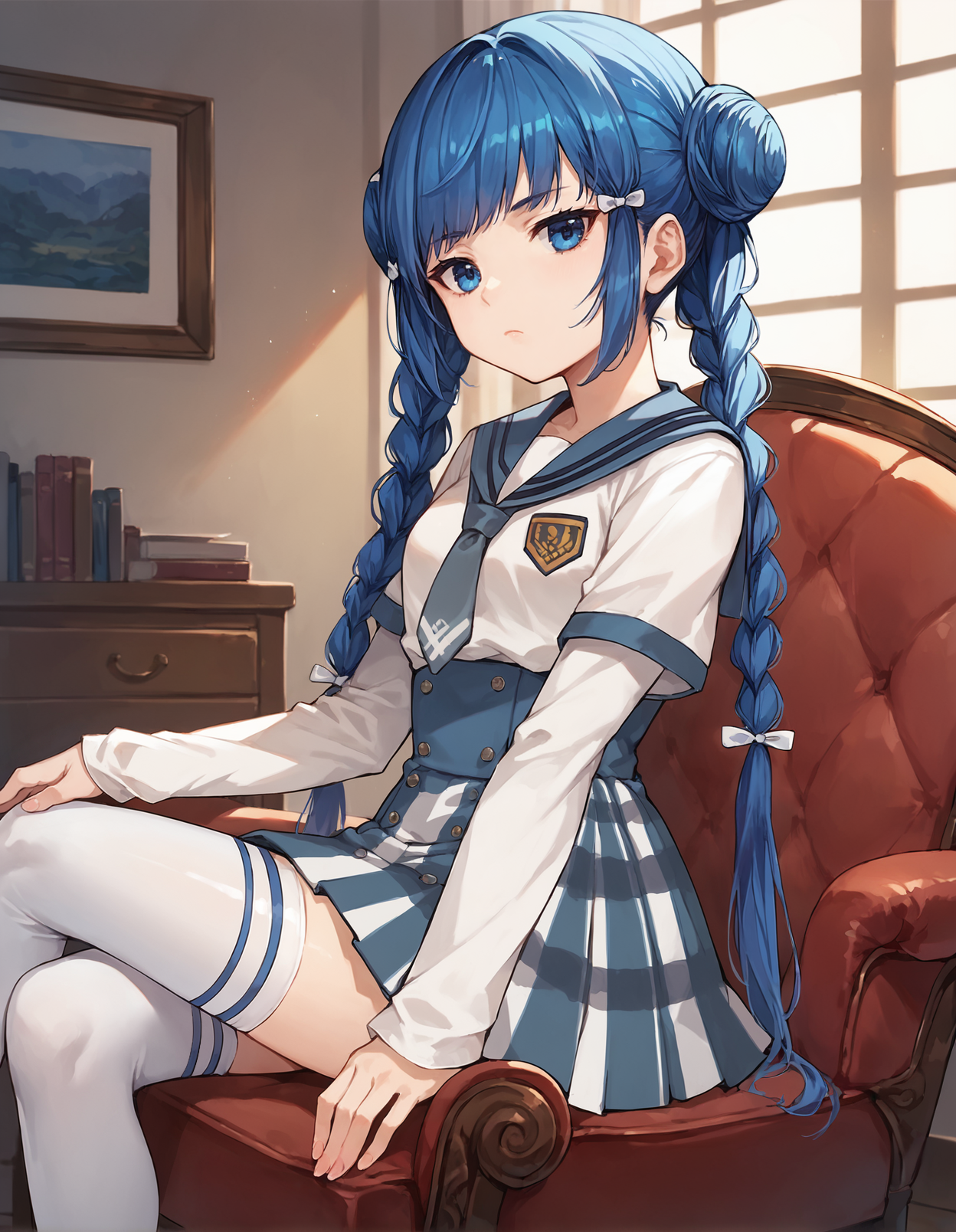 score_9, score_8_up, score_7_up, score_6_up, a girl sitting in armchair bored, source_anime, detailed, solo focus, colorful, 1girl, perfect lighting, cowboy shot, mgrcchunmeiyui, blue hair, double bun, twin braids, blue eyes, white hair bows, white shirt, blue sailor collar, blue tie, short over long sleeves, blue checkered skirt, indoors, room, bored, white thighhighs, (side view:0.7), <lora:mgrcchunmeiyui_XL:0.9>
