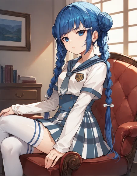 score_9, score_8_up, score_7_up, score_6_up, a girl sitting in armchair bored, source_anime, detailed, solo focus, colorful, 1girl, perfect lighting, cowboy shot, mgrcchunmeiyui, blue hair, double bun, twin braids, blue eyes, white hair bows, white shirt, blue sailor collar, blue tie, short over long sleeves, blue checkered skirt, indoors, room, bored, white thighhighs, (side view:0.7), <lora:mgrcchunmeiyui_XL:0.9>