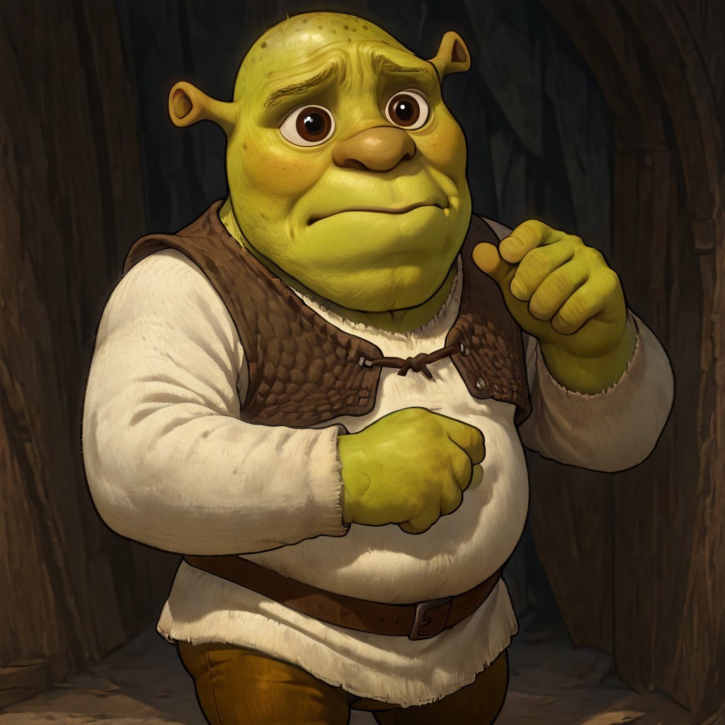 masterpiece, best quality, newest, absurdres, highres, P/PEV1.0, pleading eyes, 1boy, shrek, bald, green skin,
brown vest, white shirt, brown belt, pants