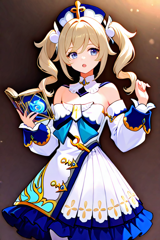 masterpiece, High quality, Ultra detailed, 2d, newest, absurdres, highres, BREAK
1girl, solo, <lora:barbara:0.8>, barbara_(genshin_impact), twintails, drills hair, blonde hair, white headwear, blue eyes, 
medium breasts, barbaradef, detached collar, bare shoulders, bow, frilled dress, strapless dress, white dress, strapless, long sleeves, detached sleeves, pantyhose, 
open mouth, hand up, book, holding book, open book,