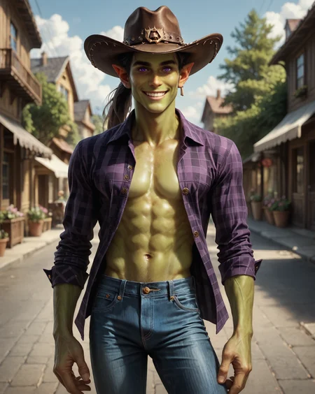 score_9, score_8_up, score_7_up, intricate details, rating_questionable,
<lora:Orbul:0.8>,
1boy(Orbul, green skin, sheriff, white cowboy hat, jeans, checkered buttonup shirt, ponytail tied with purple string, smiling, looking at viewer, cowboy shot, solo), western town, main street, dusty ground, red earth, western setting,
detailed background, depth of field, 
<lora:ral-chrosc-clr:0.5>, ral-chrosc-clr,
<lora:Expressive_H:0.5>, Expressiveh,
<lora:xl_more_art-full_v1:0.3>,
<lora:add-detail-xl:0.3>