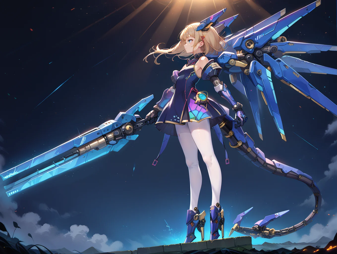 score_9, score_8_up, score_7_up,source_anime,
from side,
mechagirl02,1girl, leotard,white pantyhose,
solo,mecha musume, mechanical gloves, rgb lights, mechanical tail, armored dress, huge weapon,
<lora:roboko-000015:0.7>