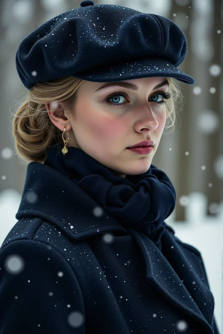 <lora:FFS_v.5:0.8> FFS style. This is a high-resolution photograph featuring a young woman in an outdoor winter setting. She is a fair-skinned woman with light, honey blonde hair styled in loose, soft waves. Her eyes are strikingly blue, accentuated by subtle eyeliner and mascara, giving her an alluring gaze. She has a heart-shaped face and full, naturally pink lips with a hint of gloss. The woman is wearing a dark, navy blue flat cap with a textured woolen fabric that has a light dusting of snowflakes on it, adding to the winter atmosphere. She's also wearing a matching navy blue coat with a high collar, cinched with a deep navy scarf wrapped around her neck, adding to the classic, vintage-inspired ensemble. A delicate, thin gold necklace with a small pendant peeks out from under her coat. The background is a softly blurred, snow-covered landscape with bare trees, indicating a cold, wintry environment. Snowflakes are visible falling gently around her, some clinging to her hat and coat, and the ground is covered in a blanket of snow.