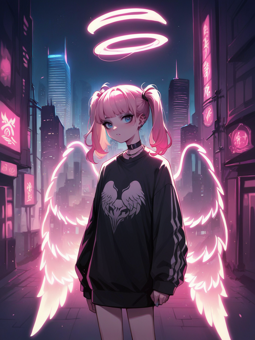 score_9, score_8_up, score_7_up, score_6_up, score_5_up,  source_anime,  <lora:n30nw1ngsXLP2:0.8> n30nw1ngs, neon light wings, wings, angel, cityscape, halo, pink, goth, twintails,