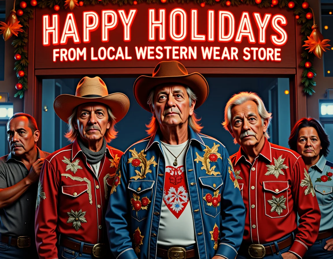 A Christmas card text "HAPPY HOLIDAYS FROM LOCAL WESTERN WEAR STORE" above some cool looking old guys, one of whom has his embroidered western shirt unbuttoned in the front, revealing the badass Greg Valentine t-shirt he is wearing underneath. glow effects, godrays, Hand drawn, render, cinema 4d, dark, atmospheric, Sharp focus, big depth of field, Masterpiece, colors, 3d octane render, 4k, concept art, hyperrealistic, Vivid colors, extremely detailed wallpaper, Intricate, High Detail, dramatic