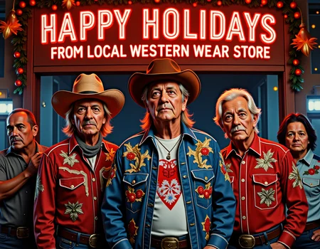 A Christmas card text "HAPPY HOLIDAYS FROM LOCAL WESTERN WEAR STORE" above some cool looking old guys, one of whom has his embroidered western shirt unbuttoned in the front, revealing the badass Greg Valentine t-shirt he is wearing underneath. glow effects, godrays, Hand drawn, render, cinema 4d, dark, atmospheric, Sharp focus, big depth of field, Masterpiece, colors, 3d octane render, 4k, concept art, hyperrealistic, Vivid colors, extremely detailed wallpaper, Intricate, High Detail, dramatic