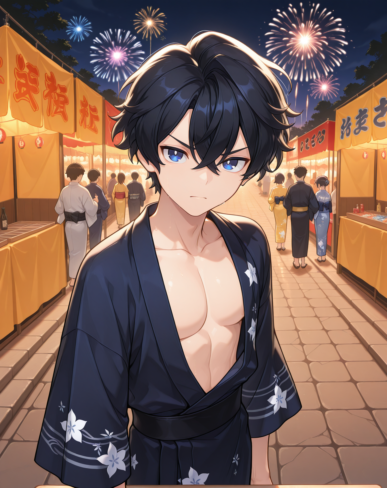 masterpiece,best quality,amazing quality, newest, very aesthetic, absurdres,
1boy, solo, yaoi, male focus, looking at viewer, cowboy shot,
 <lora:Noah_Celestia_ilxl:1> noahcl, short hair, black hair, hair between eyes, blue eyes, crossed bangs, v-shaped eyebrows,
yukata, open clothes,
outdoors, festival, night, fireworks, stone floor,