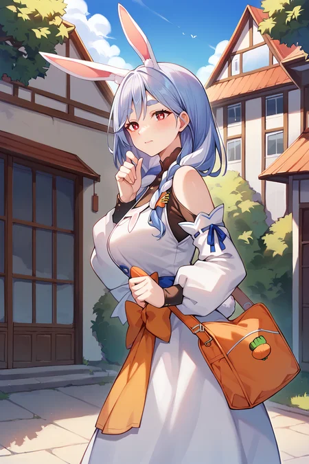 score_9, score_8_up, score_7_up, uncensored, source_anime, 1girl, mature female, <lora:sppekomamadefXLPony:1> pekomamadef, thick eyebrows, bunny-shaped pupils, rabbit ears, animal ear fluff, apron, dress, detached sleeves, bow, carrot hair ornament, closed mouth, hand up, solo, blue sky, building, day, duffel bag, from side, house, outdoors, plant, signature, sky, tree