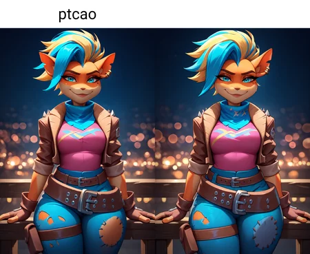 masterpiece, best quality, newest, night, bokeh, 1girl, solo, cowboy shot, looking at viewer, smile, closed mouth, ptcao, furry female, two-tone fur, orange fur, white fur, two-tone hair, blonde hair, blue hair, mohawk, blue eyes, snout, multiple earrings, mole under eye, brown leather jacket, cropped jacket, spikes, sleeves rolled up, pink top, blue bandana, brown partially fingerless gloves, brown belt, multiple belts, torn jeans, thigh strap, thigh pouch <lora:Pirate Tawna:1>