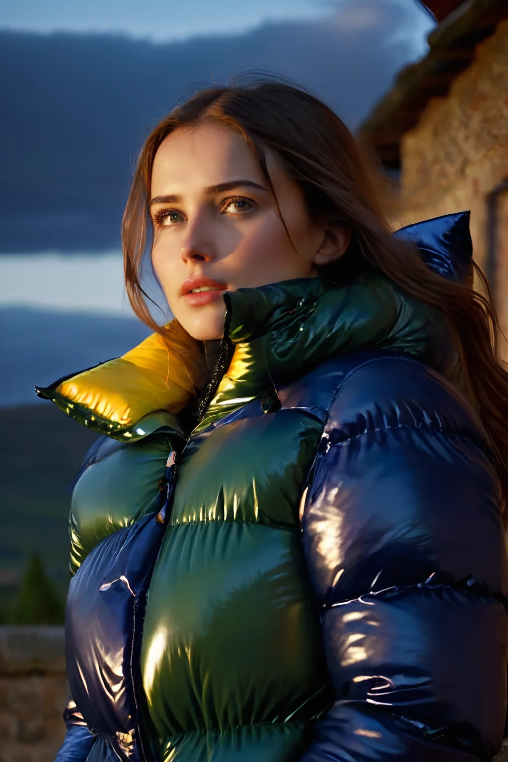 Stunning portrait of a sweet, cute, slim, long haired, young European woman. she is dressed in (shiny), colorful, completely enclosureable, (puffer down outfit:1.3) by parkasite, very high yoked. emotional, tempting, dramatic, high detail, realistic, realistic character design, inspiring, intense emotion, masterpiece, 8k, RAW photo, portrait, best quality, ultra high res, photorealistic, cinematic lightning, digital painting, storytelling, high resolution, depth of field, lens flare, <lora:Parkasite_XL:0.7>