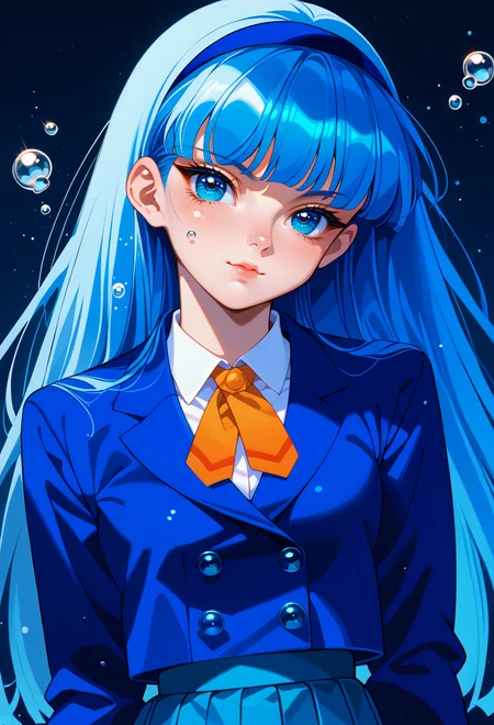 score_9, score_7_up, source_anime, standing, light smile, solo, gradient background, blue background, black background, water drop, BREAK
AEUmiDef, blue eyes, blue hair, blunt bangs, long hair, blue hairband, school uniform, blazer, blue jacket, long sleeves, collared shirt, orange ribbon, white shirt, pleated skirt, blue skirt, <lora:AEUmi-000009:0.9>
straight-on, head tilt,