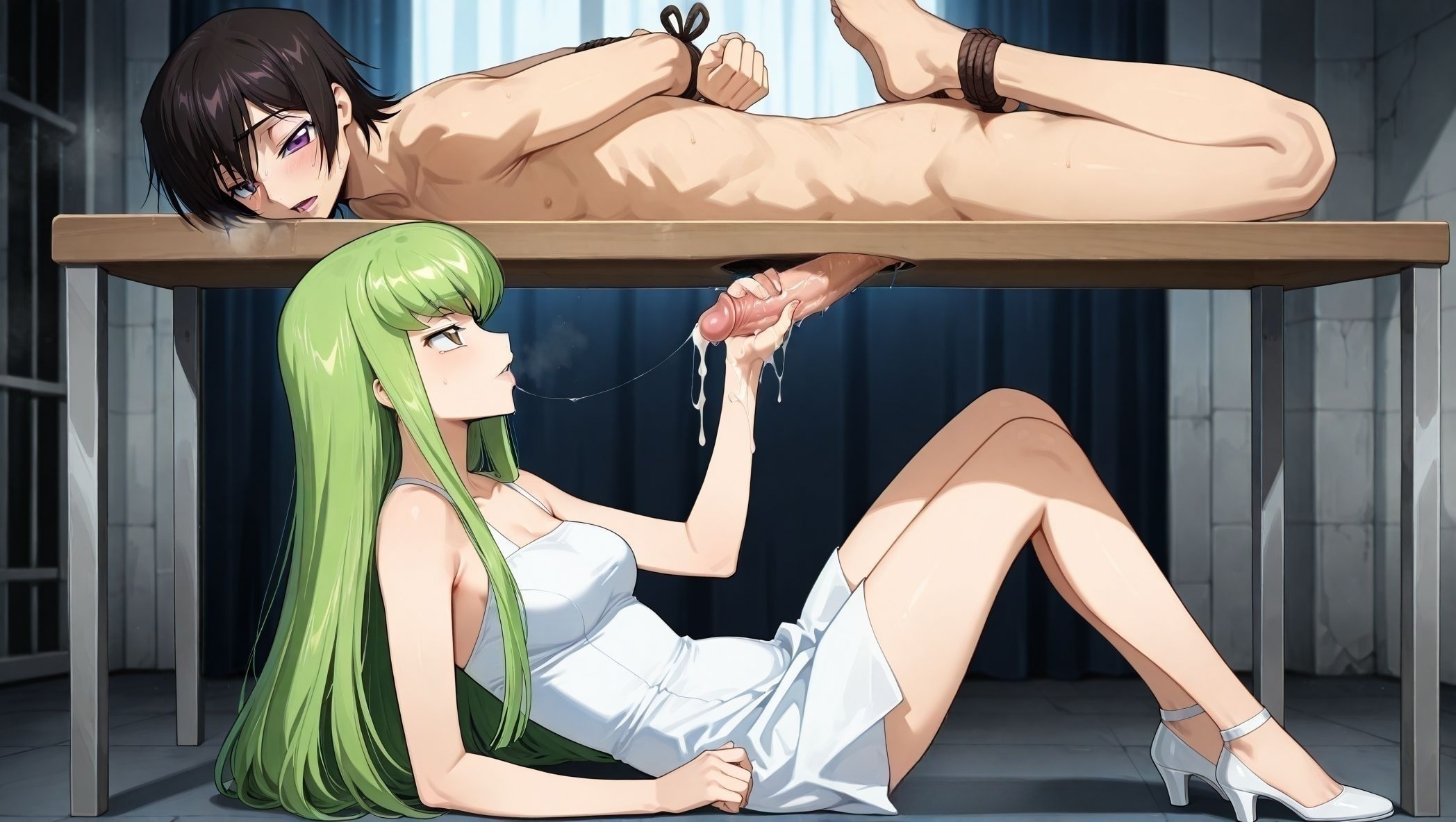 masterpiece, best quality, newest, absurdres, highres, detailed eyes, beautiful, detailed background, perfect eyes, anime coloring, anime screencap,
<lora:add-detail-xl:0.5>
<lora:Milking_Table:0.8> Milking_TableV1,
1gir ,hetero, 1boy,  glory hole, looking at penis,
large erect penis protruding from an overhead glory hole in the upper wall,
bondage male,femdom ,1boy,  male focus, cum, cumdrip, 
(hole under penis)  , from side,  sitting female, There’s a hole beneath the penis,
man lying on table with hole, woman under table,  hand job,clothed female nude male, 
(full body:1.8), 
c.c., green hair,  white dress,
Lelouch lelouch vi britannia,
faceless male, 
code geass, 20YO,milf,official art,