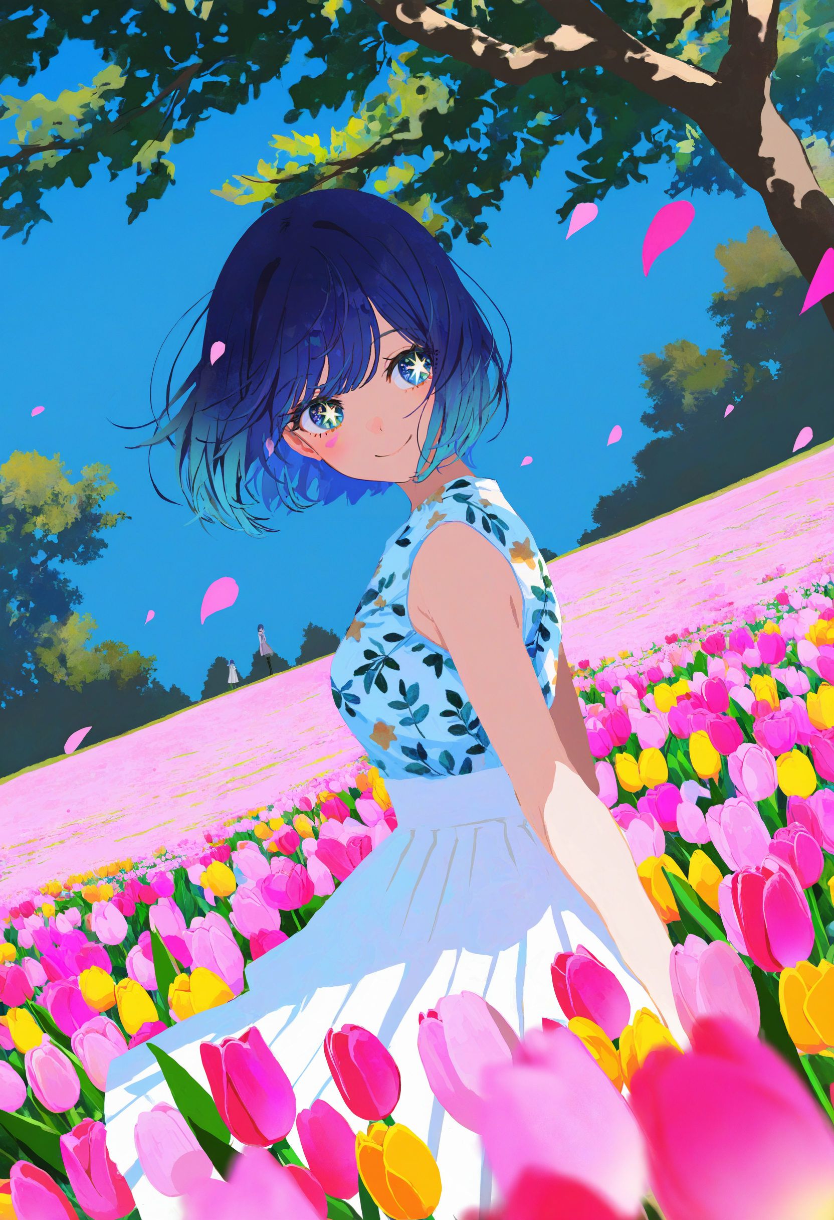 blending, flat color, no lineart, negative space,
artist:[john kafka|ponsuke kaikai|hara id 21|yoneyama mai|lam \(ramdayo\)|fuzichoco],
flower field, tulip, kurokawa akane, 1girl, blue hair, blue eyes, cowboy shot, star-shaped pupils, pleated skirt, long skirt, white skirt, outdoors, blue sky, tree shade, leaf, leaf print, floral print, floral print dress, wind, floating hair, pink petals, hair over eyes, looking to the side, blush, smile, branch, foreshortening, dutch angle,
masterpiece, best quality, very awa, absurdres
<lora:noobai_vpred_1_flower_field_v1:1>
<lora:noobai_vpred_1_masterpieces_v1:1>