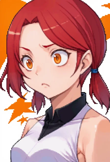 score_9, score_7_up, source_anime, solo, BREAK  <lora:zs_DevilSurvivorPortraitsXL:1> devilsurvivorportraits, portraits, white background,, 1girl, red hair, orange eyes, amber eyes, tsurime, swept bangs, parted bangs, low twintails, short hair, medium hair, small breasts,