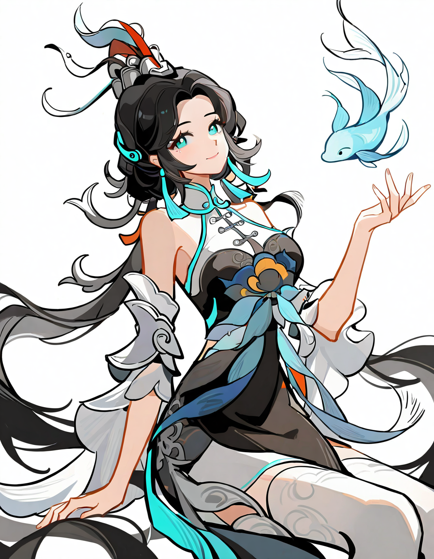 baiheliang,1girl,solo,looking at viewer,simple background,white background,cowboy shot,<lora:baiheliang-000012:1>,<lora:yinlv:1>,smile,sitting,looking up,, masterpiece, best quality, very aesthetic, absurdres,newest, incredibly absurdres,