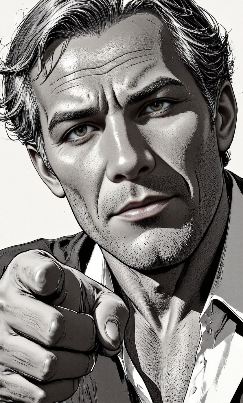 A striking close-up portrait of a weathered older man, his face etched with the stories of time, rendered in the bold, graphic style of Mike Mignola meets David Mazzucchelli. Short, wavy hair frames a face marked by wrinkles, his direct gaze holding the viewer captive. His right index finger emphatically points forward, breaking the fourth wall. The monochrome palette explodes with high contrast, stark blacks and whites carving out dramatic chiaroscuro lighting, reminiscent of classic noir. Strong, deliberate lines and shapes construct his form, emphasizing the depth and texture of his aging features. The plain background throws his figure into sharp relief, creating a captivating sense of isolation and intrigue. A low-angle perspective amplifies his presence, bestowing him with power and authority. The image is a masterclass in graphic storytelling, a visual embodiment of experience and wisdom, evoking a timeless and unforgettable character study. <lora:_Flux\_Painting\Graphic_Novel.safetensors:1.0:1.0>