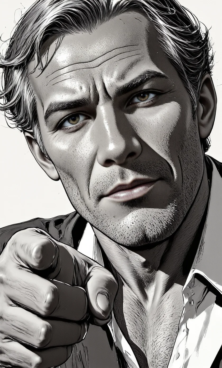 A striking close-up portrait of a weathered older man, his face etched with the stories of time, rendered in the bold, graphic style of Mike Mignola meets David Mazzucchelli. Short, wavy hair frames a face marked by wrinkles, his direct gaze holding the viewer captive. His right index finger emphatically points forward, breaking the fourth wall. The monochrome palette explodes with high contrast, stark blacks and whites carving out dramatic chiaroscuro lighting, reminiscent of classic noir. Strong, deliberate lines and shapes construct his form, emphasizing the depth and texture of his aging features. The plain background throws his figure into sharp relief, creating a captivating sense of isolation and intrigue. A low-angle perspective amplifies his presence, bestowing him with power and authority. The image is a masterclass in graphic storytelling, a visual embodiment of experience and wisdom, evoking a timeless and unforgettable character study. <lora:_Flux\_Painting\Graphic_Novel.safetensors:1.0:1.0>
