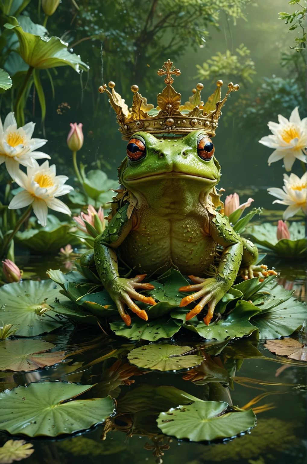 A frog wearing a crown and sitting on a makeshift throne of lily pads, with the caption: "When you're the ruler of the pond and it's time to dispense some royal decrees." Absurdres, ultra realistic, professional lightning
many details, extreme detailed, full of details,
Wide range of colors., Dramatic,Dynamic,Cinematic,Sharp details
Insane quality. Insane resolution. Insane details. Masterpiece. 32k resolution.
 <lora:xl_more_art-full_v1:0.3> <lora:WildcardX-XL-Detail-Enhancer:0.8> <lora:ral-vlntxplzn:0.4> ral-vlntxplzn <lora:ral-pxlprtcl:0.25> ral-pxlprtcl <lora:MJ52:0.3>