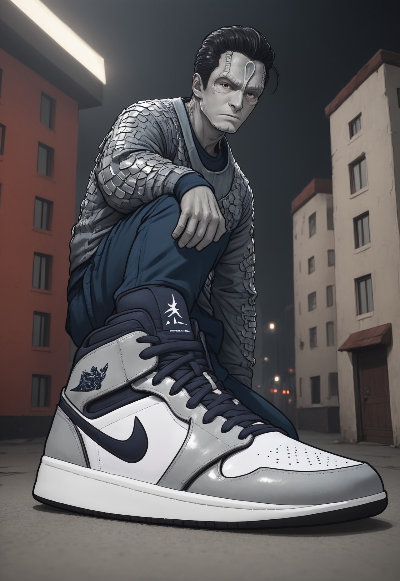 score_9, score_8_up, score_7_up, male c4rd45514n alien, forehead crest, (grey skin), ridges, scales, black hair slicked back, dark and dimly lit space station background, hud_sh03_sh0w, foreshortening, looking at viewer, sneakers. Nike, heavy chainmail armor