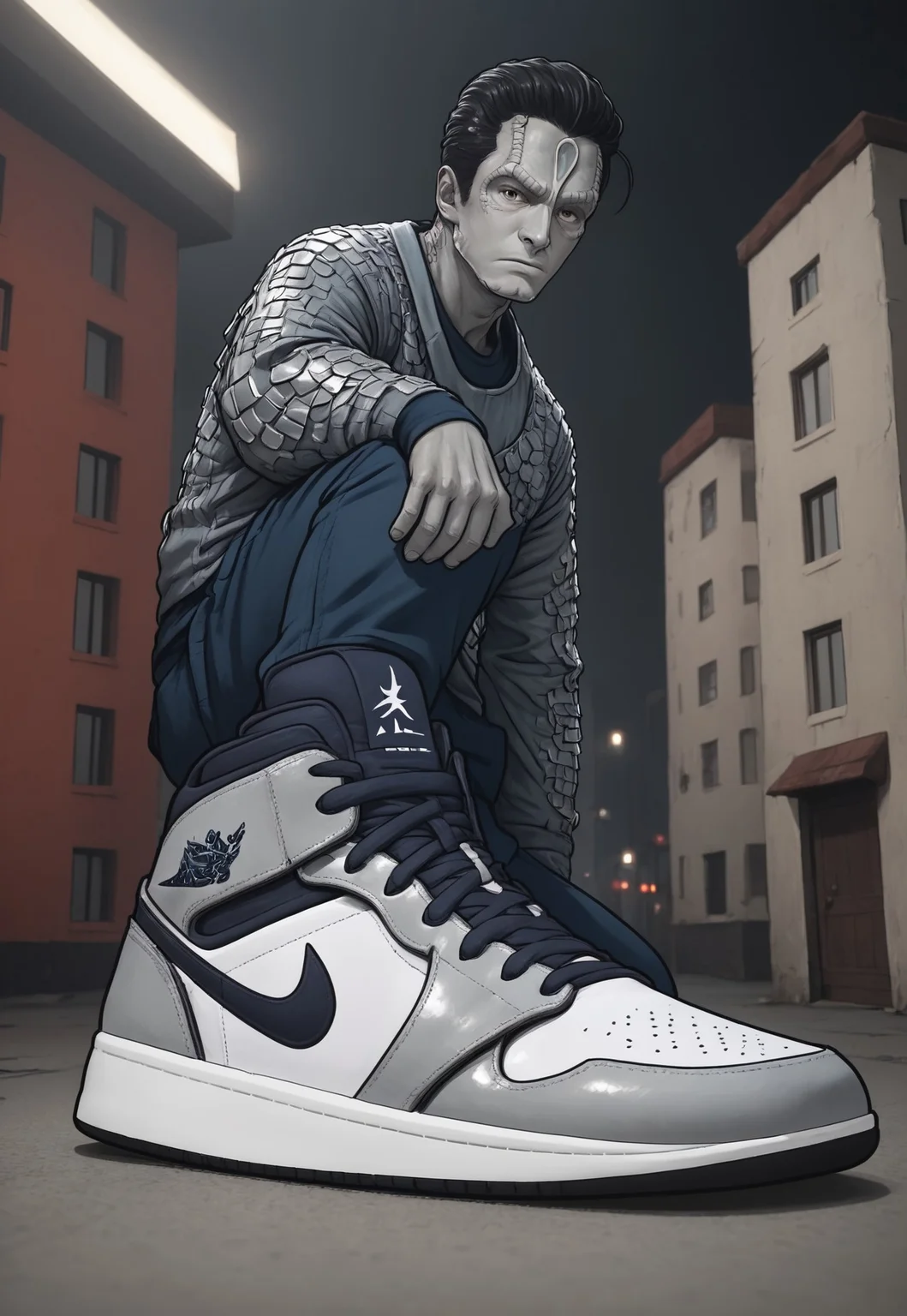 score_9, score_8_up, score_7_up, male c4rd45514n alien, forehead crest, (grey skin), ridges, scales, black hair slicked back, dark and dimly lit space station background, hud_sh03_sh0w, foreshortening, looking at viewer, sneakers. Nike, heavy chainmail armor