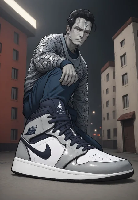 score_9, score_8_up, score_7_up, male c4rd45514n alien, forehead crest, (grey skin), ridges, scales, black hair slicked back, dark and dimly lit space station background, hud_sh03_sh0w, foreshortening, looking at viewer, sneakers. Nike, heavy chainmail armor