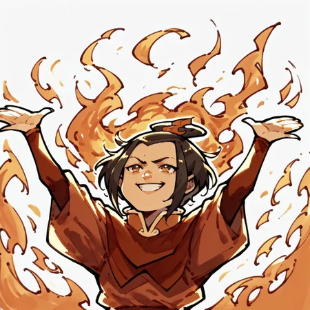 score_9,score_8_up,score_7_up,score_6_up,score_5_up,score_4_up, arms up, fire, outstretched arms, upper Body, burning, azula, fire nation outfit, slight smile,