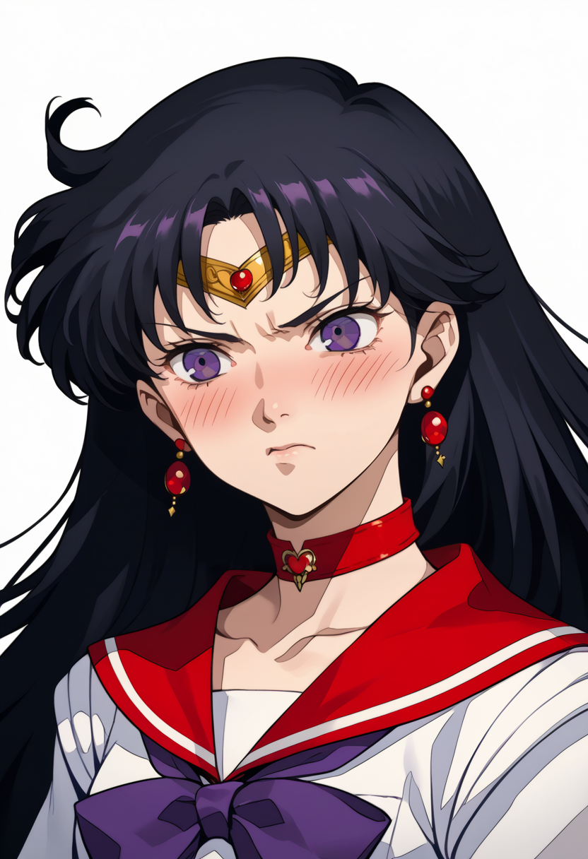 score_9, score_8_up, score_7_up, source_anime, 1girl, solo, tsundere, blush, 
<lora:zs_P3ReloadPortraitsXL:1> p3reloadportraits, portrait, white background
 <lora:sailormars-pdxl-nvwls-v1:1> slrmars, black hair, long hair, purple eyes, circlet, earrings, choker, red sailor collar, white shirt, sleeveless, white leotard, purple bowtie,