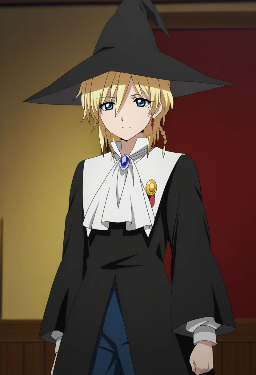 masterpiece, best quality, anime screencap, official style, anime coloring, cowboy shot, 1boy, solo, male focus, <lora:titus_alexius_ilxl:0.98>, titus_alexius, blonde hair, blue eyes, short hair, braid, mole, mole under eye, , witch hat,