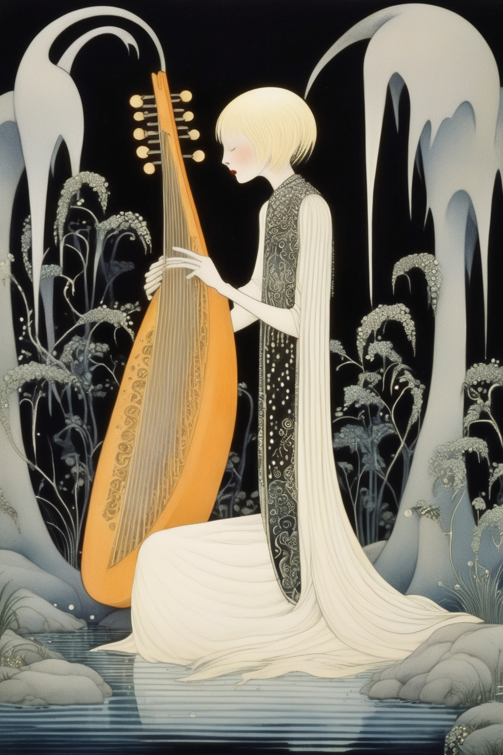 <lora:Kay Nielsen Style:1>Kay Nielsen Style - vinminen in the style of kay nielsen playing his kantele