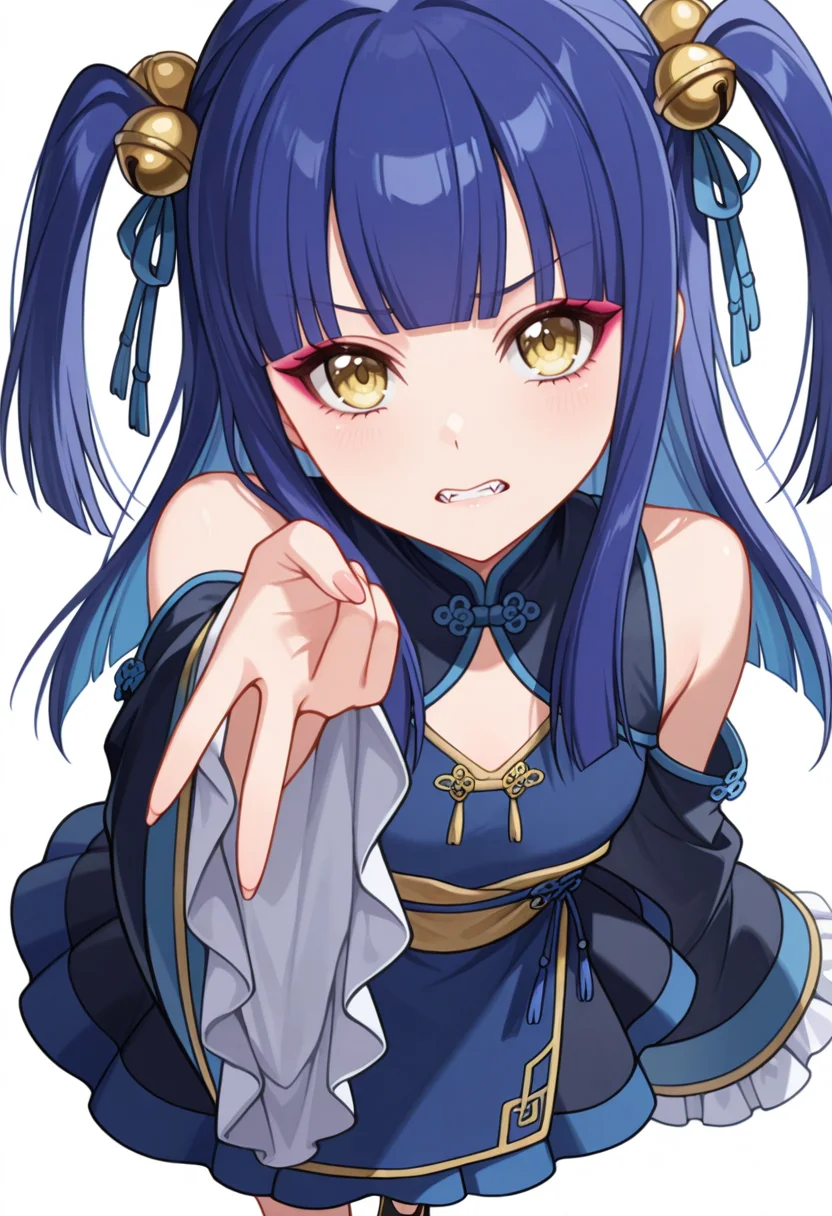 Smooth Quality,masterpiece,very intricate, high quality details, ultra realistic, high detailed skin,detailed enviorement,absurdres,
gyaru v,
<lora:Ranran_CNR:0.8> ranran_cnr,1girl, blue hair, long hair, two side up, blunt bangs, yellow eyes, fangs, hair ornament, hair bell,hair ribbon, hair bobbles,makeup, ranran_cnr_def, bare shoulders,chinese clothes, blue dress,detached sleeves, wide sleeves, long sleeves, sleeves past wrists, frilled sleeves, sash,black footwear,, clenched teeth,, simple background, white background, dutch angle,solo,