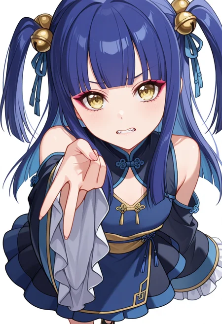 Smooth Quality,masterpiece,very intricate, high quality details, ultra realistic, high detailed skin,detailed enviorement,absurdres,
gyaru v,
<lora:Ranran_CNR:0.8> ranran_cnr,1girl, blue hair, long hair, two side up, blunt bangs, yellow eyes, fangs, hair ornament, hair bell,hair ribbon, hair bobbles,makeup, ranran_cnr_def, bare shoulders,chinese clothes, blue dress,detached sleeves, wide sleeves, long sleeves, sleeves past wrists, frilled sleeves, sash,black footwear,, clenched teeth,, simple background, white background, dutch angle,solo,