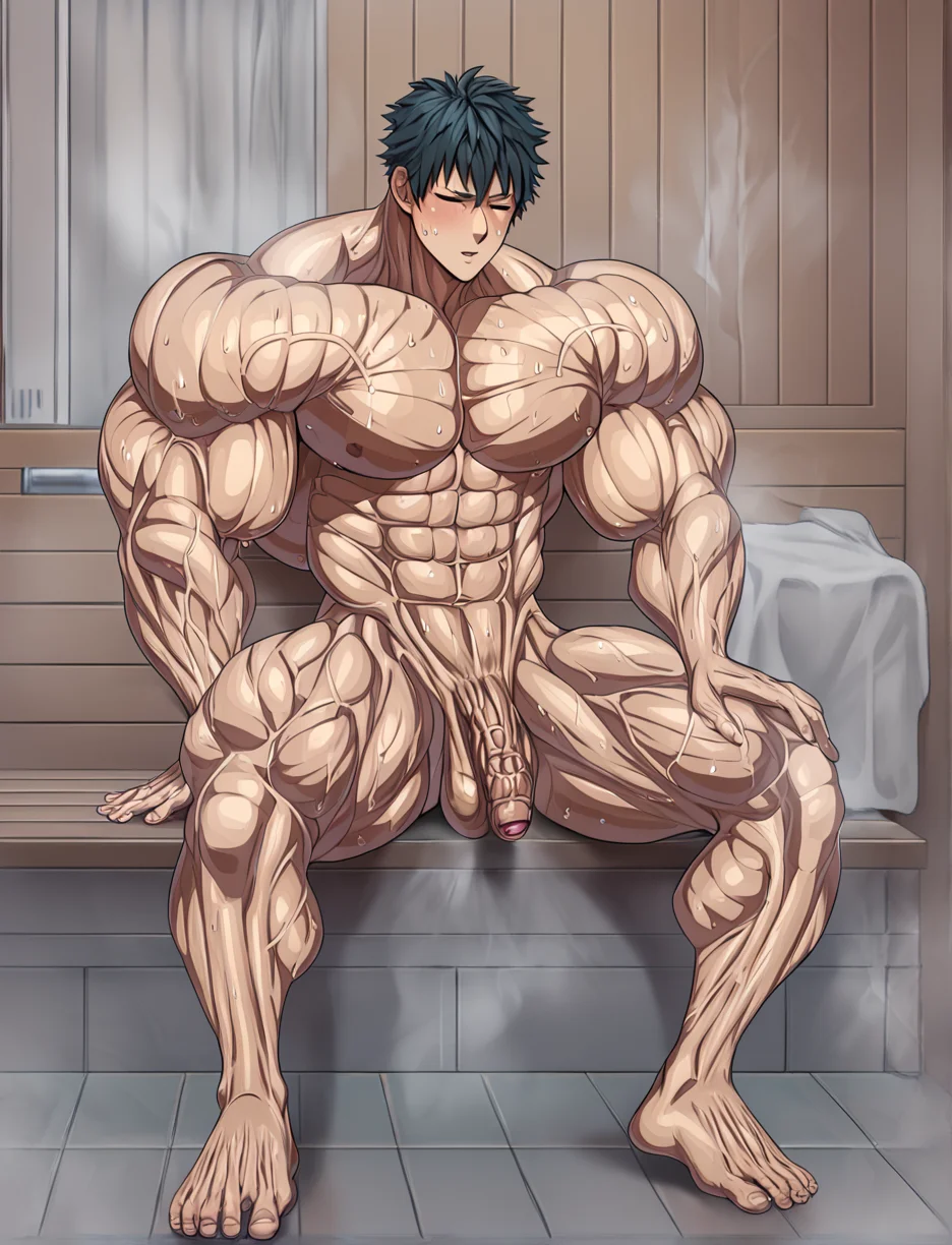 bara, male focus, 1boy, sitting, sauna, interior, steam, sweat, eyes closed, spread legs, flaccid, penis, balls, foreskin BREAK score_9, score_8_up, score_7_up, score_6_up, score_5_up, score_4_up <lora:birisoba01-step00007000_spnckpt1_th-0.7:1>