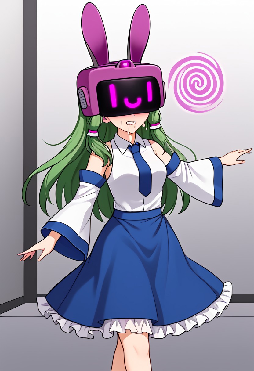 Sanae hypnotized to zombie walk,,
score_9, anime, lewd, 1girl, smooth,
mind control, hypnosis, zkovisor, hypnotic visor, helmet, rabbit ears, :), drooling,
walking, (outstretched arms), arms held out straight, arms raised, arms in front, zombie walking, solo, side view,
kochiya sanae, green hair, long hair, green eyes, hair tubes, collared shirt, white shirt, detached sleeves, wide sleeves, blue skirt, frilled skirt