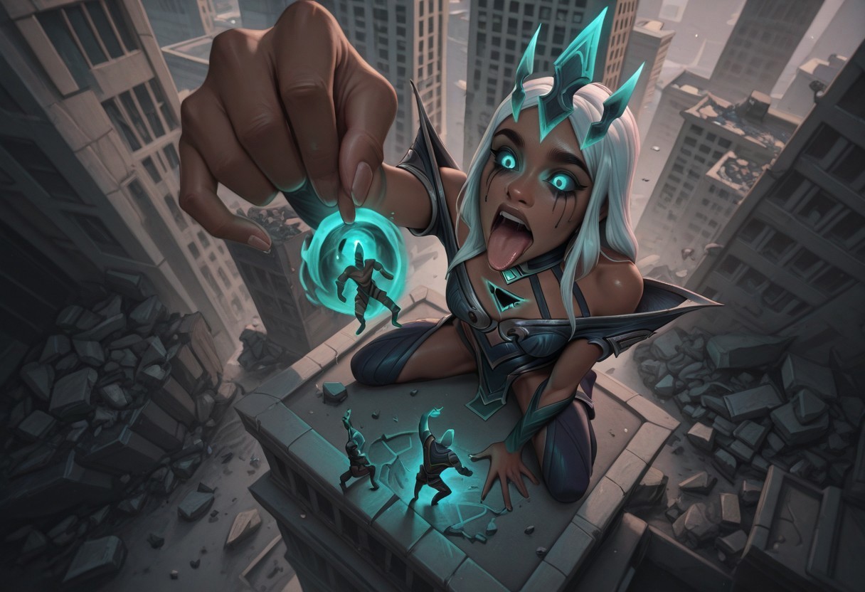 masterpiece, best quality, newest, absurdres, highres, <lora:imvo_tda2_50:1> imvo_tda, giantess sitting on building, tiny soldier dangling from fingers, from_above, city, destruction, rubble, excited, open_mouth, tongue_out,  foreshortening, league of legends,karma /(league of legends/),ruined /(league of legends/),ruined karma,ruined makeup, crown,dark-skinned female,glowing eyes,