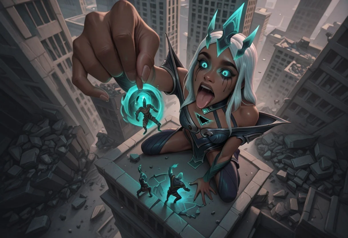 masterpiece, best quality, newest, absurdres, highres, <lora:imvo_tda2_50:1> imvo_tda, giantess sitting on building, tiny soldier dangling from fingers, from_above, city, destruction, rubble, excited, open_mouth, tongue_out, foreshortening, league of legends,karma /(league of legends/),ruined /(league of legends/),ruined karma,ruined makeup, crown,dark-skinned female,glowing eyes,