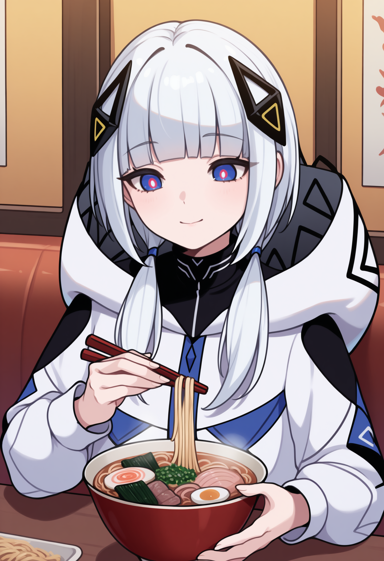 masterpiece, best quality, upper body, solo, 1girl, k4fu, slight smile, looking at food, sitting, holding chopsticks, long hair, white hair, hair over shoulder, blunt bangs, low twintails, diamond hair ornament, multicolored eyes, blue eyes, white pupils, white coat, hooded coat, hood down, long sleeves, black dress, turtleneck dress, indoors, restaurant, table, food, bowl, ramen
<segment:yolo-Anzhc Face seg 640 v2 y8n.pt,0.4,0.5//cid=1>