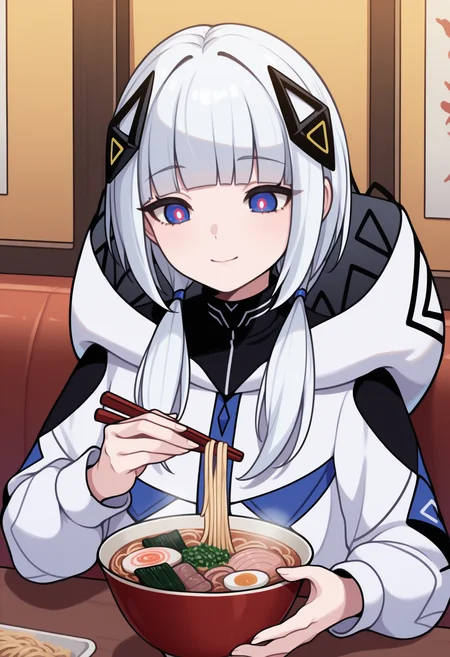 masterpiece, best quality, upper body, solo, 1girl, k4fu, slight smile, looking at food, sitting, holding chopsticks, long hair, white hair, hair over shoulder, blunt bangs, low twintails, diamond hair ornament, multicolored eyes, blue eyes, white pupils, white coat, hooded coat, hood down, long sleeves, black dress, turtleneck dress, indoors, restaurant, table, food, bowl, ramen
<segment:yolo-Anzhc Face seg 640 v2 y8n.pt,0.4,0.5//cid=1>