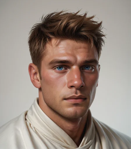 score_9, score_8_up, score_7_up, score_6_up, 1boy, male focus, solo, portrait, close up, realistic, light brown hair, blue eyes, sunkissed skin, tanned, handsome, white robes embroidered with dragons, <lora:Hain_Dragon_Age_Veilguard_OC-000003:0.85>
