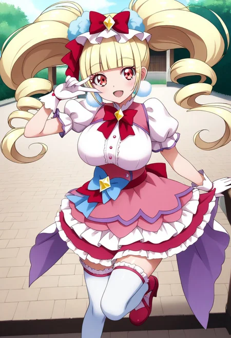 score_9, score_8_up, score_7_up, source_anime, (nsfw1.0), BREAK,
curemacherie, cute 1girl, (large breasts:1.6), skinny body, (short stature:1.5), (shortstack:0.7), red eyes, blond hair, twintails,
pink clothes, pom pom earrings, pink ribbon, white gloves, frilled thighhighs, puffy sleeves, layered dress, (mini skirt), porch, wrist bow, jewelry,
shiny skin,
smile,
strike a pose, looking at viewer,
angle:random,
background:random,