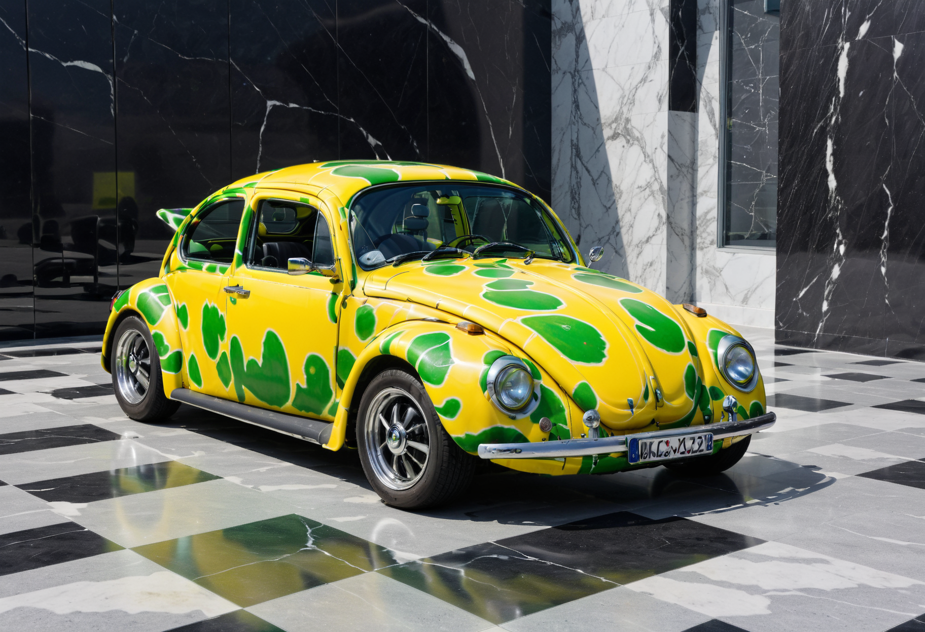 lgcrs,a  car, VW Beetle, looking like a mantisse,with aggressive color pattern, green, yellow,parked on a (black marble surface:1.2),before a silver sphere, fox like pattern
<lora:Retro_Cars-000011:0.8>,