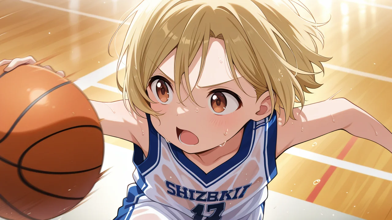 solo,, masterpiece, best quality, amazing quality, very aesthetic, absurdres, newest, anime screencap, <lora:takanoILM:1>, takano miyo, blonde hair, parted bangs, brown eyes, hair between eyes, aged_down, child, short hair,, see-through, basketball, basketball uniform, basketball (object), basketball shorts, ball, sportswear, dribbling (basketball), sweat, wet, sweatdrop, fast action, basketball court, open mouth, running, looking away, dribbling, speed lines, dynamic pose,