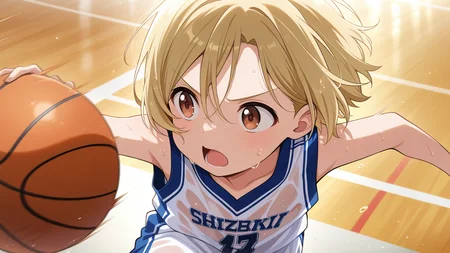 solo,, masterpiece, best quality, amazing quality, very aesthetic, absurdres, newest, anime screencap, <lora:takanoILM:1>, takano miyo, blonde hair, parted bangs, brown eyes, hair between eyes, aged_down, child, short hair,, see-through, basketball, basketball uniform, basketball (object), basketball shorts, ball, sportswear, dribbling (basketball), sweat, wet, sweatdrop, fast action, basketball court, open mouth, running, looking away, dribbling, speed lines, dynamic pose,