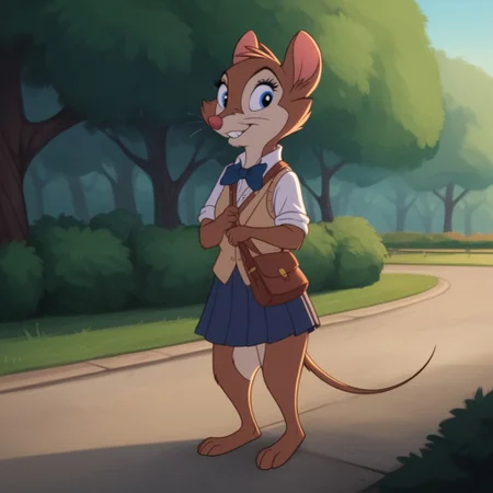 score_9, score_8_up, score_7_up, score_6_up, score_5_up, score_4_up, source_furry, brisbytson, semi-anthro, female, mouse, brown fur, blue eyes, whiskers, park, barefoot, solo, 1girl, school uniform, smile, standing,