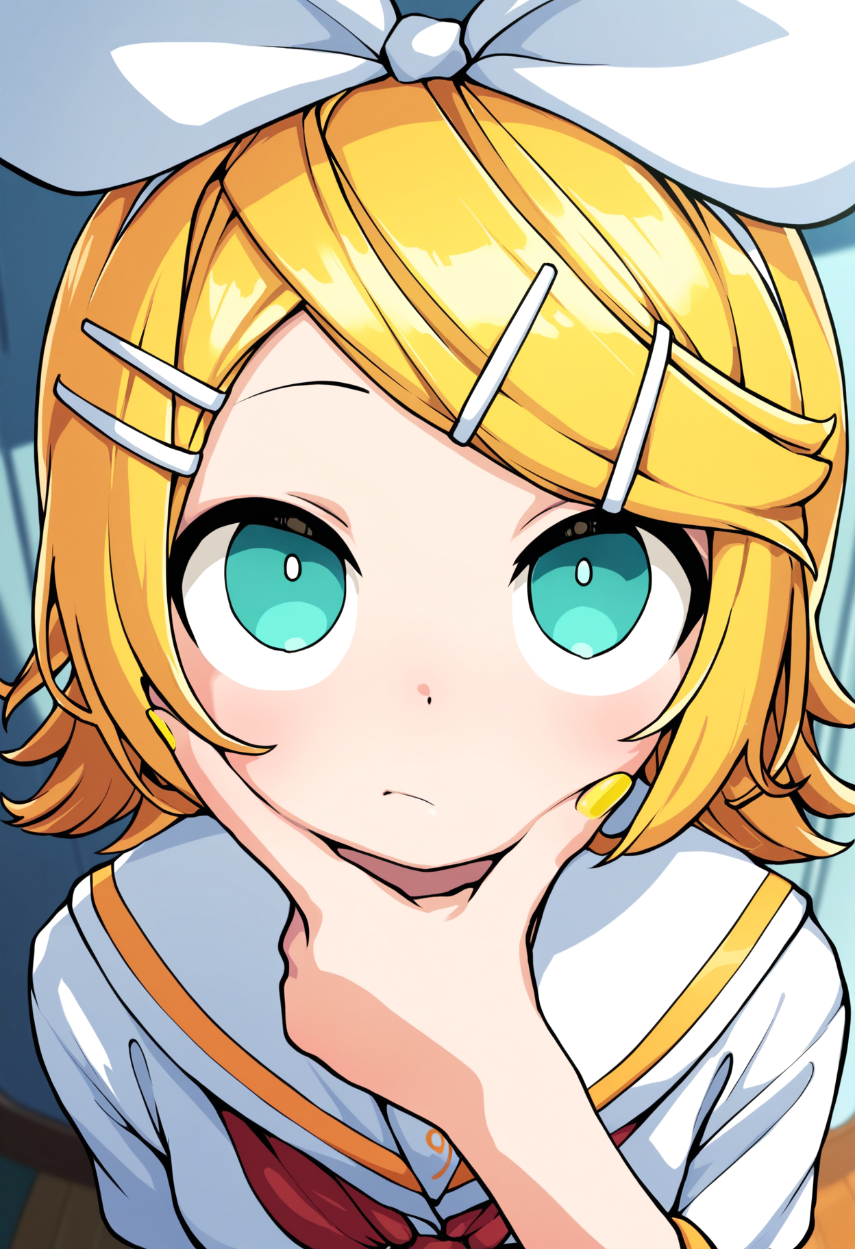 masterpiece,best quality,amazing quality,
1girl, kagamine rin, solo, blonde hair, sailor collar, bow, hair ornament, hairclip, hair bow, yellow nails, neckerchief, short hair, white bow, looking up, upper body, red neckerchief, bangs, hand up, swept bangs, white sailor collar, aqua eyes, hand on own chin, closed mouth, blue eyes, shirt, school uniform, nail polish,
<lora:Akai_ugokashitari:1>
